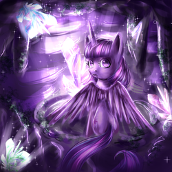 Size: 1000x1000 | Tagged: safe, artist:karmamoonshadow, twilight sparkle, alicorn, pony, g4, female, looking back, mare, sitting, solo, spread wings, twilight sparkle (alicorn)