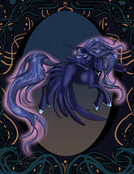 Size: 695x900 | Tagged: safe, artist:izkederia, princess luna, g4, eyes closed, female, flying, modern art, nouveau, smiling, solo