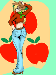 Size: 774x1032 | Tagged: safe, artist:the-tokyo-kidd, applejack, human, g4, applebutt, bandana, clothes, female, humanized, jeans, looking back, midriff, pants, solo, wink