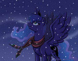 Size: 1008x792 | Tagged: safe, artist:raynesgem, princess luna, alicorn, pony, g4, breath, clothes, female, mare, scarf, snow, snowfall, solo, spread wings, winter