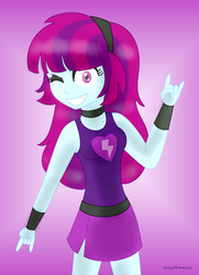 Size: 880x1216 | Tagged: safe, artist:a-r-i-a-1997, mystery mint, equestria girls, g4, alternate clothes, background human, clothes, devil horn (gesture), female, headband, rocker, skirt, solo, tank top, wink, wristband