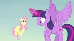 Size: 480x270 | Tagged: safe, screencap, fluttershy, twilight sparkle, alicorn, pony, g4, the hooffields and mccolts, animated, duo, female, floppy ears, flying, magic, mare, twilight sparkle (alicorn), worried