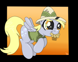 Size: 1024x811 | Tagged: safe, artist:drawponies, artist:krazykari, derpy hooves, pegasus, pony, g4, clothes, costume, female, food, mare, mouth hold, muffin, solo