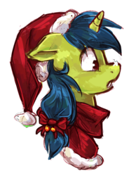 Size: 789x1017 | Tagged: safe, artist:johling, oc, oc only, oc:magical disaster, pony, unicorn, bow, bust, cute, hair bow, hat, profile, santa hat, simple background, snow, snow on nose, surprised, transparent background