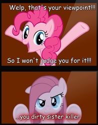 Size: 2048x2618 | Tagged: safe, edit, pinkie pie, g4, comic sans, dirty brother killer, fourth wall, high res, image macro, meme, pinkamena diane pie, sans (undertale), sans pie, spoilers for another series, the fourth wall cannot save you, undertale