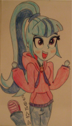 Size: 811x1418 | Tagged: safe, artist:blazingdazzlingdusk, sonata dusk, equestria girls, g4, my little pony equestria girls: rainbow rocks, clothes, drawing, female, hoodie, smiling, solo, the dazzlings, traditional art, when she smiles