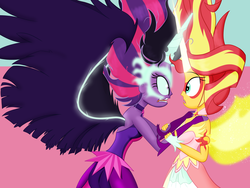 Size: 3840x2880 | Tagged: safe, artist:cybersquirrel, sci-twi, sunset shimmer, twilight sparkle, equestria girls, g4, my little pony equestria girls: friendship games, clothes, daydream shimmer, high res, horn, horns are touching, human twilight snapple, late, midnight snapple, midnight sparkle, tardy, twilight snapple