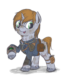 Size: 800x990 | Tagged: safe, artist:sandwichdelta, oc, oc only, oc:littlepip, pony, unicorn, fallout equestria, chest fluff, clothes, colored hooves, cute, dirty, ear fluff, fallout, fanfic, fanfic art, female, freckles, gun, handgun, hooves, horn, jumpsuit, little macintosh, mare, open mouth, pipbuck, revolver, saddle bag, simple background, smiling, solo, unshorn fetlocks, vault suit, weapon, white background