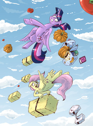 Size: 1191x1597 | Tagged: safe, artist:saturdaymorningproj, fluttershy, twilight sparkle, alicorn, pony, g4, the hooffields and mccolts, bag, book, dodge, duo, female, food, fruit, hay bale, mare, open mouth, pumpkin, scene interpretation, tomato, twilight sparkle (alicorn)