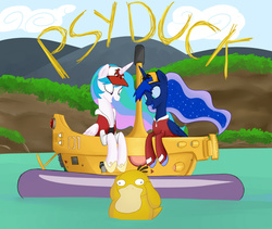 Size: 1600x1350 | Tagged: safe, artist:patty-plmh, princess celestia, princess luna, alicorn, pony, psyduck, two best sisters play, g4, baseball cap, boat, clothes, crossover, ethereal mane, female, hat, mare, op, open mouth, outdoors, pokémon, pokémon snap, starry mane