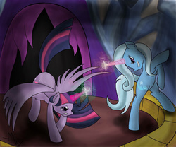 Size: 1280x1067 | Tagged: safe, artist:sugarwings-art, trixie, twilight sparkle, alicorn, pony, g4, female, fight, mare, twilight sparkle (alicorn)