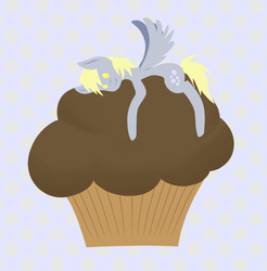 Size: 875x890 | Tagged: safe, artist:patty-plmh, derpy hooves, pegasus, pony, g4, female, food, giant muffin, mare, muffin, prone, solo, spread wings, that pony sure does love muffins