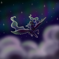 Size: 2800x2800 | Tagged: safe, artist:skylethrin, princess luna, g4, cloud, female, flying, high res, night, solo, stars