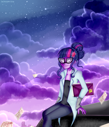 Size: 864x1008 | Tagged: safe, artist:lelka-philka, sci-twi, twilight sparkle, equestria girls, g4, my little pony equestria girls: friendship games, clothes, envelope, female, glasses, night sky, paper, shooting star, sitting, solo, stars