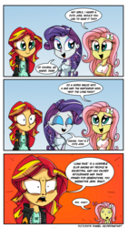 Size: 800x1417 | Tagged: safe, artist:daniel-sg, fluttershy, long face, rarity, sunset shimmer, equestria girls, g4, clothes, comic, joke, offended, offensive, racism, tank top, why the long face