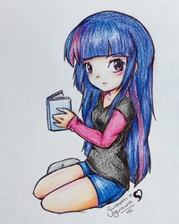 Size: 987x1234 | Tagged: safe, artist:gummigator, twilight sparkle, equestria girls, g4, blushing, book, chibi, cute, drawing, female, humanized, looking at you, solo, traditional art, twiabetes