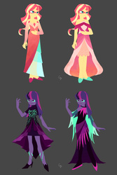 Size: 2400x3600 | Tagged: dead source, safe, artist:magneticskye, sci-twi, sunset shimmer, twilight sparkle, equestria girls, g4, my little pony equestria girls: friendship games, alternate design, alternate hairstyle, beautiful, clothes, daydream shimmer, dress, female, high res, lineless, long hair, midnight sparkle, simple background
