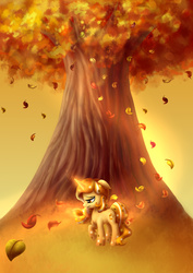 Size: 2625x3700 | Tagged: safe, artist:llamacheesecake, oc, oc only, oc:stargrown glow, autumn, gradient hooves, gradient mane, high res, leaves, sad, solo, stars, tree, universe pony