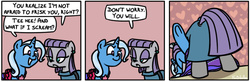 Size: 650x214 | Tagged: safe, artist:foudubulbe, maud pie, trixie, pony, unicorn, comic:damp rocks, g4, comic, dialogue, female, lesbian, mare, ship:mauxie, shipping, speech bubble