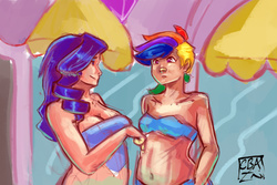 Size: 1080x720 | Tagged: safe, artist:checkerboardazn, rainbow dash, rarity, human, g4, belly button, clothes, female, humanized, lesbian, ship:raridash, shipping, sunscreen, swimsuit