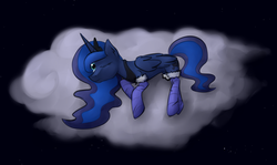 Size: 2557x1521 | Tagged: safe, artist:marsminer, princess luna, g4, clothes, cloud, female, sky, socks, solo