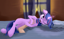 Size: 1920x1169 | Tagged: safe, artist:bronyjunk, twilight sparkle, human, g4, bed, curtains, disembodied arm, disembodied hand, hand, magic, one eye closed, open mouth, pillow