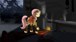 Size: 1920x1080 | Tagged: safe, artist:bronyjunk, fluttershy, robot, g4, clothes, constriction, female, fire, pipe (plumbing), solo, steam, steampunk
