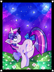 Size: 426x567 | Tagged: safe, artist:sluggy-slimes, twilight sparkle, firefly (insect), g4, female, flower, looking up, oekaki, solo, tail bow