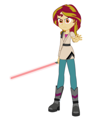 Size: 1643x2000 | Tagged: safe, artist:amante56, sunset shimmer, equestria girls, g4, boots, clothes, crossover, dark side, disney, evil, female, jedi, lightsaber, lucasfilm, red eyes, sith, solo, star wars, weapon