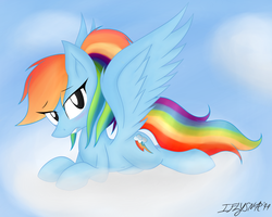 Size: 5000x4000 | Tagged: safe, artist:iflysna94, rainbow dash, g4, absurd resolution, alternate hairstyle, annoyed, cloud, female, paint tool sai, prone, signature, sky, solo