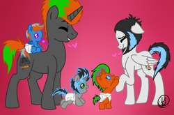 Size: 1024x674 | Tagged: safe, artist:daringashia, oc, oc only, pegasus, pony, unicorn, diaper, family, female, foal, gradient background, heart, male, mare, pacifier, smiling, stallion, vector