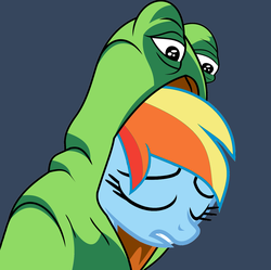 Size: 2208x2200 | Tagged: safe, artist:fillylover, rainbow dash, g4, feels, feels bad man, female, frog costume, high res, image macro, meme, pepe the frog, solo
