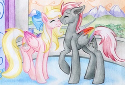 Size: 7794x5331 | Tagged: safe, artist:emberslament, oc, oc only, oc:bay breeze, pegasus, pony, absurd resolution, bow, cute, daaaaaaaaaaaw, hair bow, nuzzling, oc x oc, shipping, sunset, traditional art