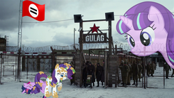Size: 1920x1080 | Tagged: safe, artist:stiefelss, rarity, starlight glimmer, twilight sparkle, alicorn, pony, g4, barbed wire, communism, concentration camp, female, gulag, irl, mare, photo, ponies in real life, russia, stalin glimmer, twilight sparkle (alicorn)