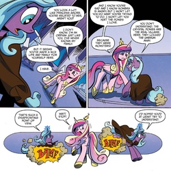 Size: 1372x1372 | Tagged: safe, artist:andypriceart, official comic, princess cadance, radiant hope, alicorn, pony, unicorn, g4, idw, siege of the crystal empire, spoiler:comic, spoiler:comic36, bamf, cloak, clothes, comic, female, magic, mare, teleport spam, teleportation
