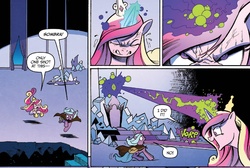 Size: 1389x931 | Tagged: safe, artist:andy price, idw, official comic, princess cadance, radiant hope, alicorn, pony, unicorn, g4, siege of the crystal empire, spoiler:comic, spoiler:comic36, cloak, clothes, comic, crystal castle, dark magic, duo, female, magic, mare, throne