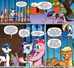Size: 1370x1268 | Tagged: safe, artist:andypriceart, idw, official comic, applejack, fluttershy, pinkie pie, rainbow dash, rarity, shining armor, spike, twilight sparkle, alicorn, dragon, earth pony, pegasus, pony, unicorn, g4, siege of the crystal empire, spoiler:comic, spoiler:comic36, cage, comic, cropped, female, horn, horn crystals, magic suppression, male, mane seven, mane six, mare, speech bubble, stallion, twilight sparkle (alicorn)