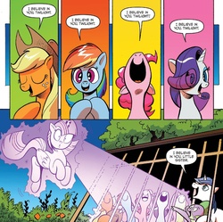 Size: 1367x1363 | Tagged: safe, artist:andypriceart, idw, official comic, applejack, fluttershy, pinkie pie, rainbow dash, rarity, shining armor, spike, twilight sparkle, alicorn, pony, unicorn, g4, siege of the crystal empire, spoiler:comic, spoiler:comic36, :o, cage, comic, eyes closed, faic, female, magic, male, mane seven, mane six, mare, open mouth, smiling, stallion, twilight sparkle (alicorn), wide eyes
