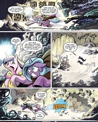 Size: 1382x1721 | Tagged: safe, artist:andypriceart, idw, official comic, princess cadance, rabia, radiant hope, alicorn, pony, umbrum, unicorn, g4, siege of the crystal empire, spoiler:comic, spoiler:comic36, blast, cloak, clothes, comic, dialogue, female, magic, magic beam, magic blast, mare, running, running away
