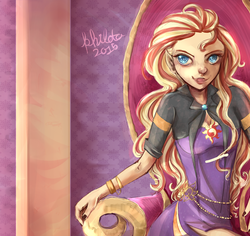 Size: 900x850 | Tagged: safe, artist:philota, sunset shimmer, equestria girls, g4, clothes, elf ears, female, humanized, solo, throne