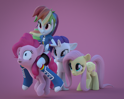 Size: 720x576 | Tagged: safe, artist:creatorofpony, artist:lunarchase, fluttershy, pinkie pie, rainbow dash, rarity, equestria girls, g4, 3d, blender, boots, clothes, humans riding ponies, open mouth, rainbow dash riding pinkie pie, rainbow socks, riding, riding human, shoes, skirt, socks, striped socks, trotting