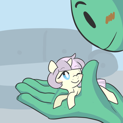 Size: 1000x1000 | Tagged: safe, artist:mt, oc, oc only, oc:anon, oc:tea party, human, pony, blushing, cute, holding a pony, in goliath's palm, micro, nuzzling, petting, prone, smiling, wink