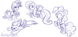 Size: 2005x969 | Tagged: safe, artist:nickdallas, fluttershy, pinkie pie, rainbow dash, rarity, g4, monochrome, sketch