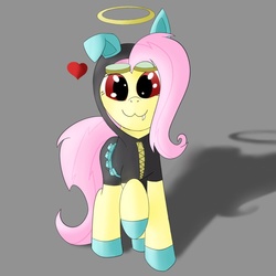 Size: 894x894 | Tagged: safe, artist:kickassking, fluttershy, bat pony, pony, g4, bunny ears, clothes, costume, cute, cute little fangs, dangerous mission outfit, fangs, female, flutterbat, goggles, halo, heart, hoodie, solo, stealth suit, suit, wingless