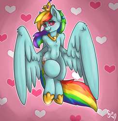 Size: 1000x1024 | Tagged: safe, artist:poisindoodles, rainbow dash, semi-anthro, g4, belly button, blushing, crown, female, implied princess cadance, solo