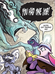 Size: 663x881 | Tagged: safe, artist:andypriceart, edit, idw, official comic, ira, princess cadance, rabia, radiant hope, pony, umbrum, unicorn, g4, siege of the crystal empire, spoiler:comic, spoiler:comic36, art, cloak, clothes, comic, female, glowing horn, horn, mare, you had one job, you know for kids