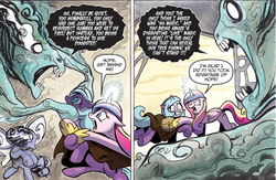 Size: 1400x911 | Tagged: safe, artist:andy price, idw, official comic, ira, princess cadance, rabia, radiant hope, alicorn, pony, umbrum, unicorn, g4, siege of the crystal empire, spoiler:comic, spoiler:comic36, cloak, clothes, comic, female, glowing horn, horn, love magic, magic, mare, nightmare fuel, saddle bag, you know for kids