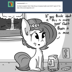 Size: 806x806 | Tagged: safe, artist:tjpones, oc, oc only, oc:brownie bun, earth pony, pony, horse wife, cute, everything is ruined, food, grayscale, monochrome, mushroom cloud, peanut butter, pure unfiltered evil, solo, you had one job