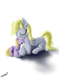 Size: 2000x2600 | Tagged: safe, artist:sa1ntmax, derpy hooves, dinky hooves, pegasus, pony, g4, cute, duo, equestria's best daughter, equestria's best mother, eyes closed, female, high res, mare, prone