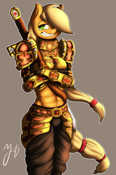 Size: 2132x3229 | Tagged: safe, artist:jamesjackobgermany, applejack, earth pony, anthro, g4, abs, armor, female, high res, midriff, solo